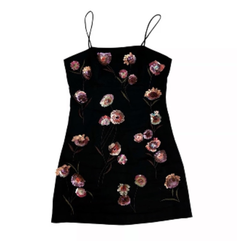 Anthro Dress Size 12 Black Pink Sequins The Brynne 3D Spaghetti-Strap Maeve NEW